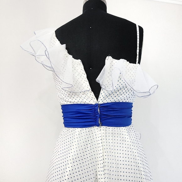 Vintage Bridgerton Maxamilist Swiss Dot Assymetric Ruffle Maxi Dress - Picture 13 of 14